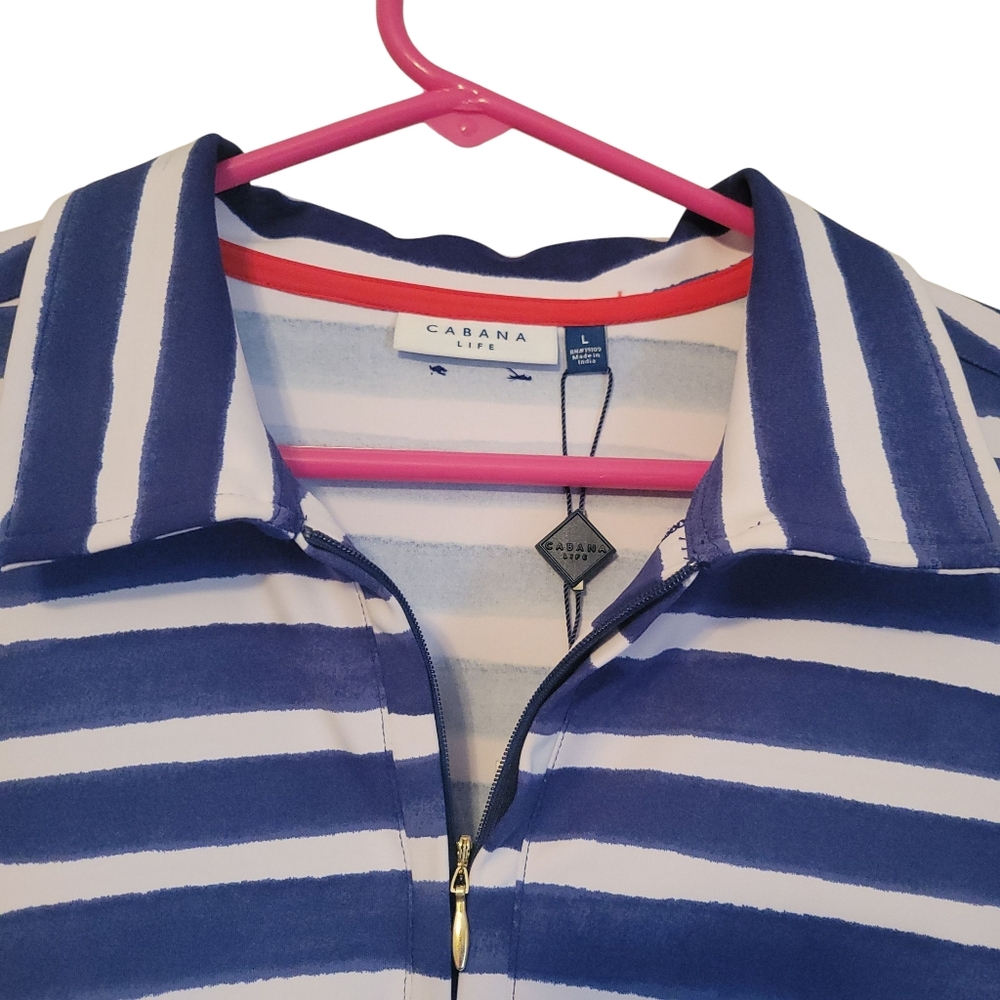 NWT Cabana Life UPF 50+ Collared 1/4 Zip Striped Dress Blue White L - Picture 4 of 9